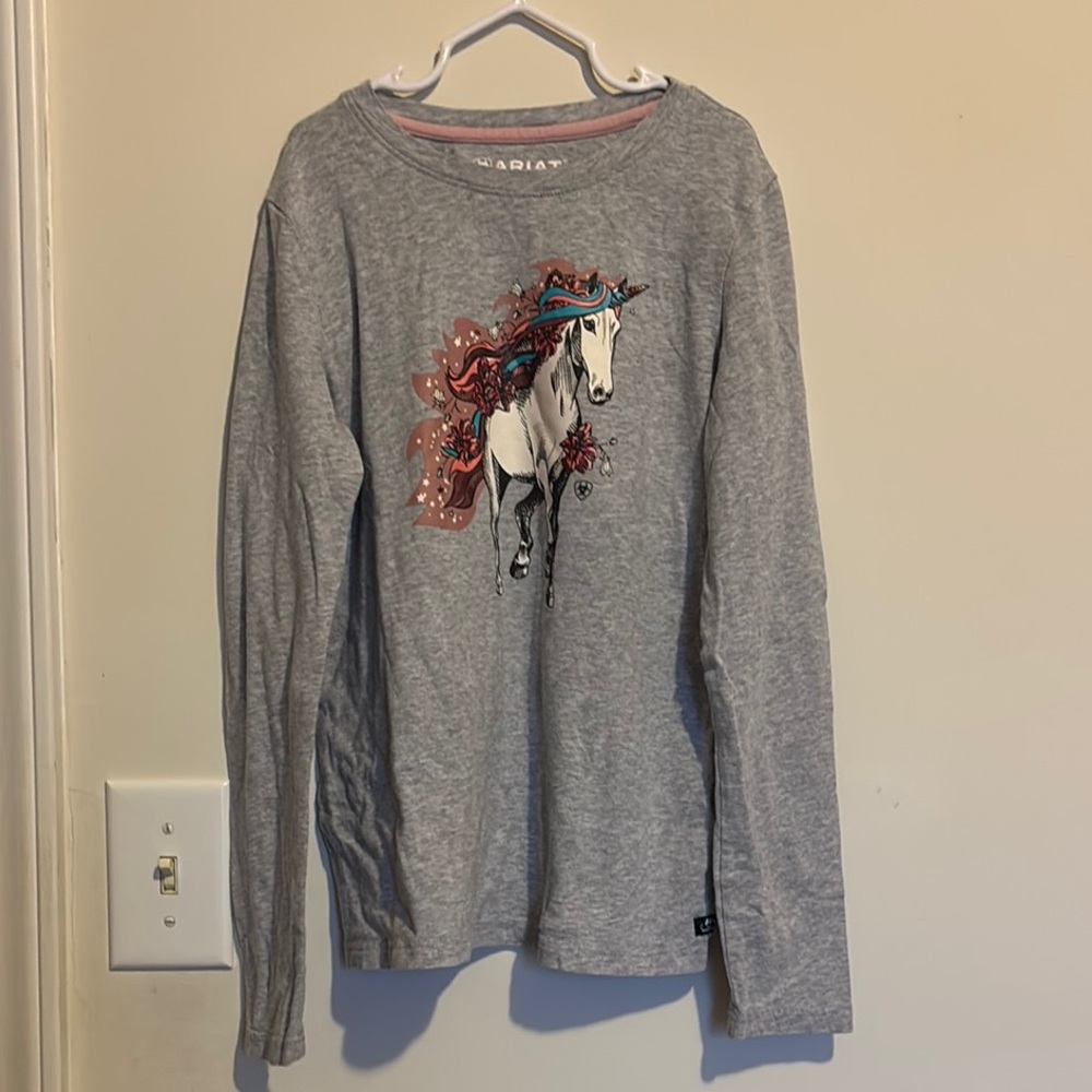 Gray Long Sleeve Tee with Fiery Horse Graphic